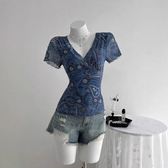 Damen V-Ausschnitt Oberteil mit transparenten Puffärmeln und floralem Druck R&B