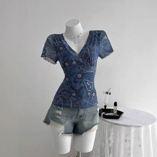Damen V-Ausschnitt Oberteil mit transparenten Puffärmeln und floralem Druck R&B