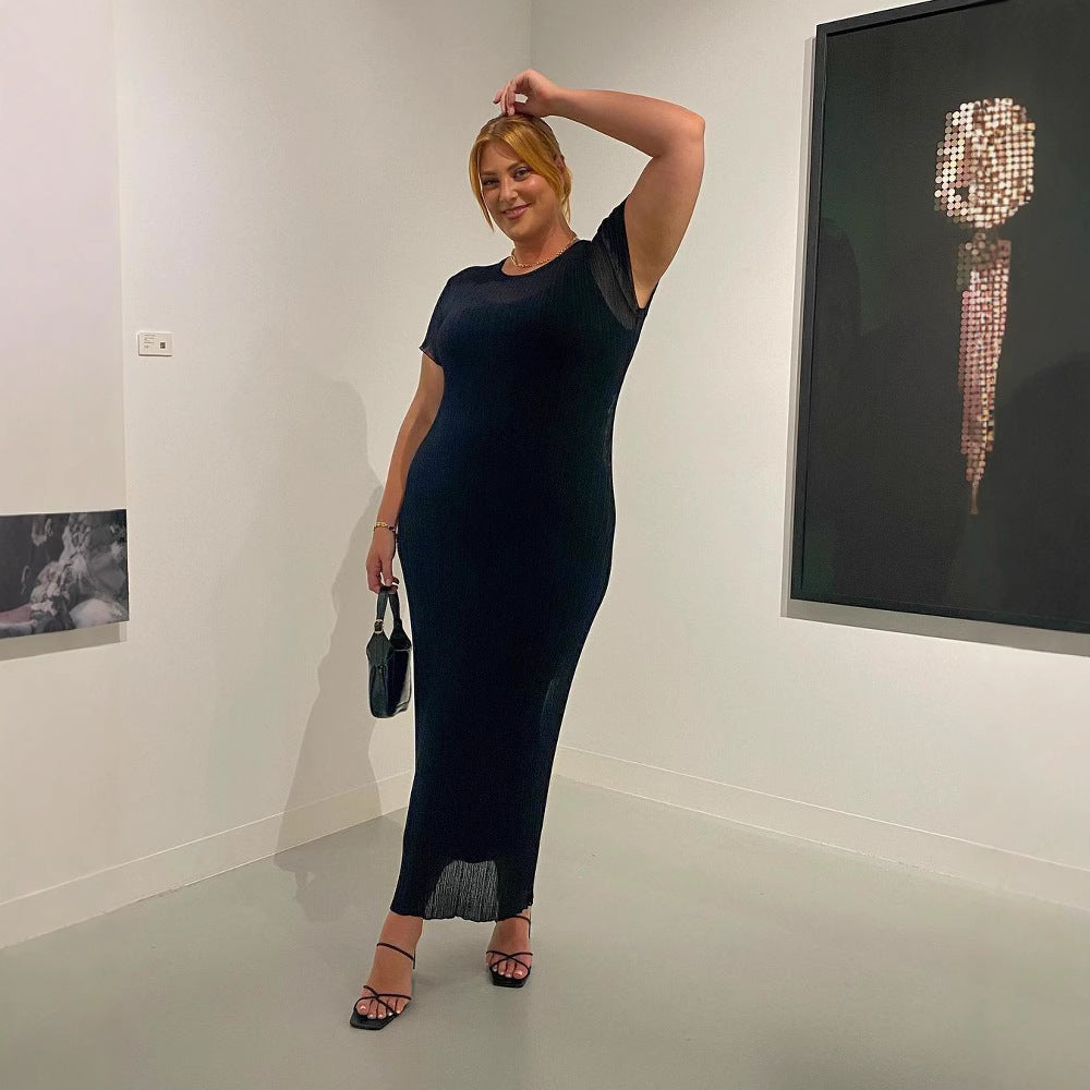 Damen Elegantes Maxikleid mit feiner Rippstruktur und kurzen Ärmeln R&B