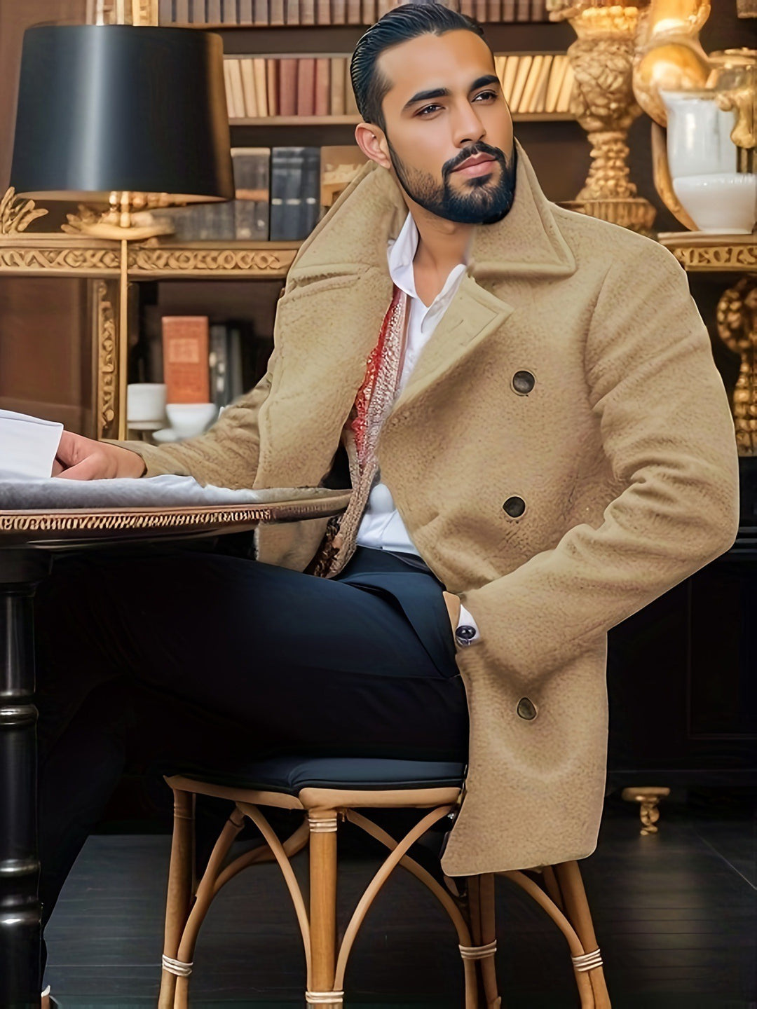 Herren klassischer Doppelreiher-Mantel mit weichem Innenfutter R&B