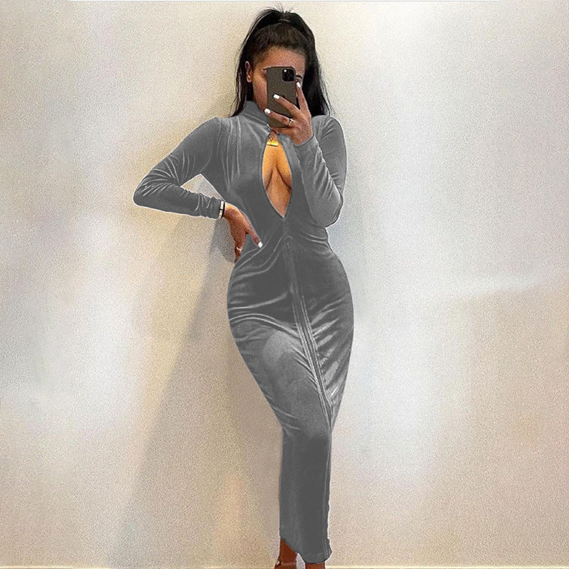 Damen Elegantes Velours-Maxi-Kleid mit tiefem V-Ausschnitt und langen Ärmeln R&B