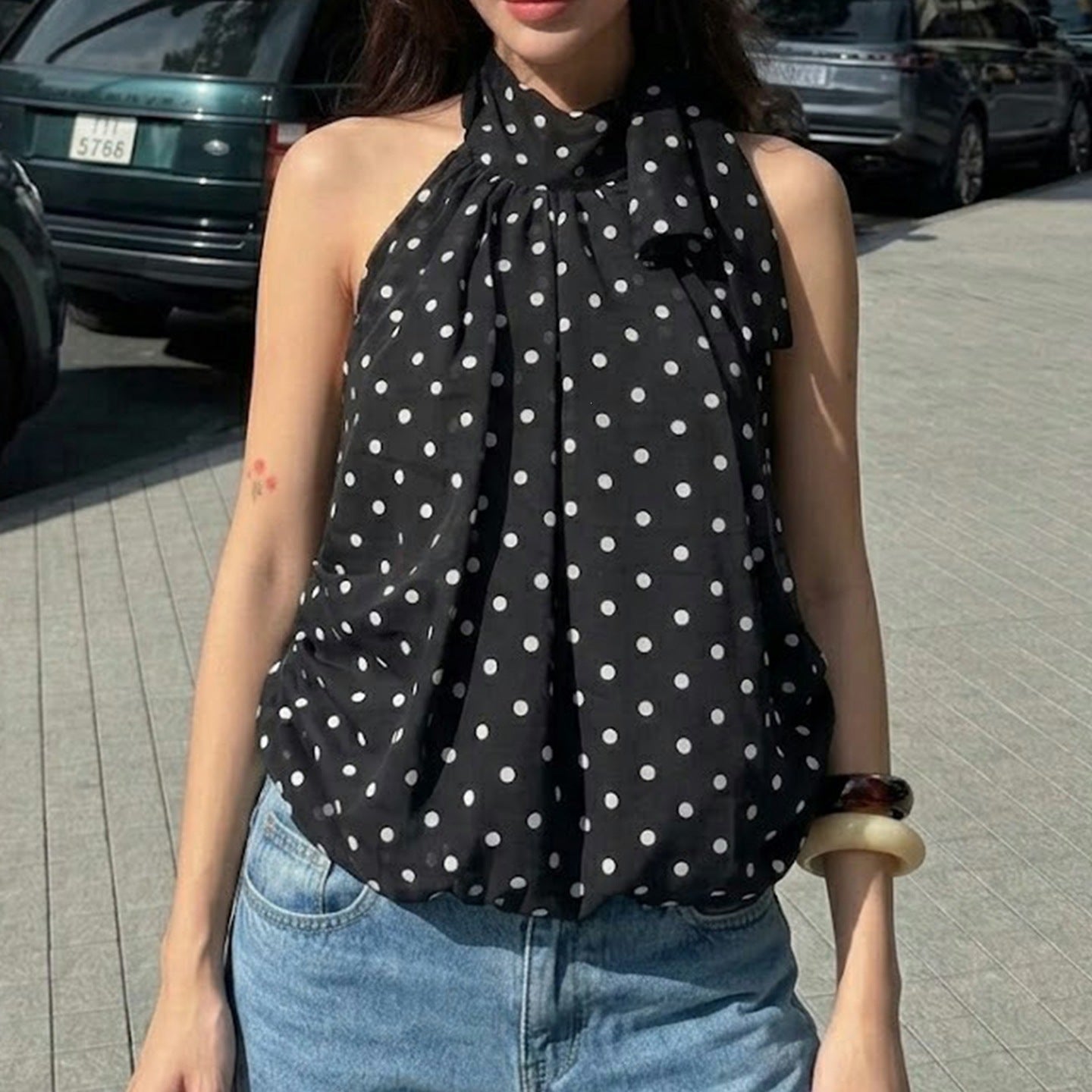Damen Spaghetti-Trägertop mit modischem Punkten Design und Schleifenakzenten R&B