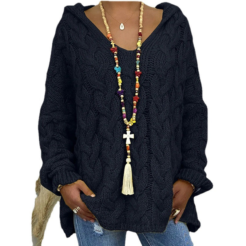 Damen Hoody aus Grobstrick mit V-Ausschnitt und dekorativem Kordelzug