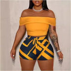 Damen Off-Shoulder Top und Hohe Taille Shorts Set