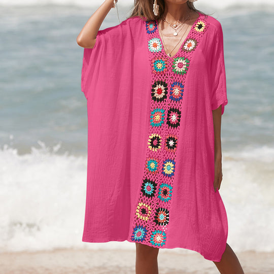 Damen Häkel-Strandtunika im lässigen Oversize-Stil mit bunten Applikationen R&B