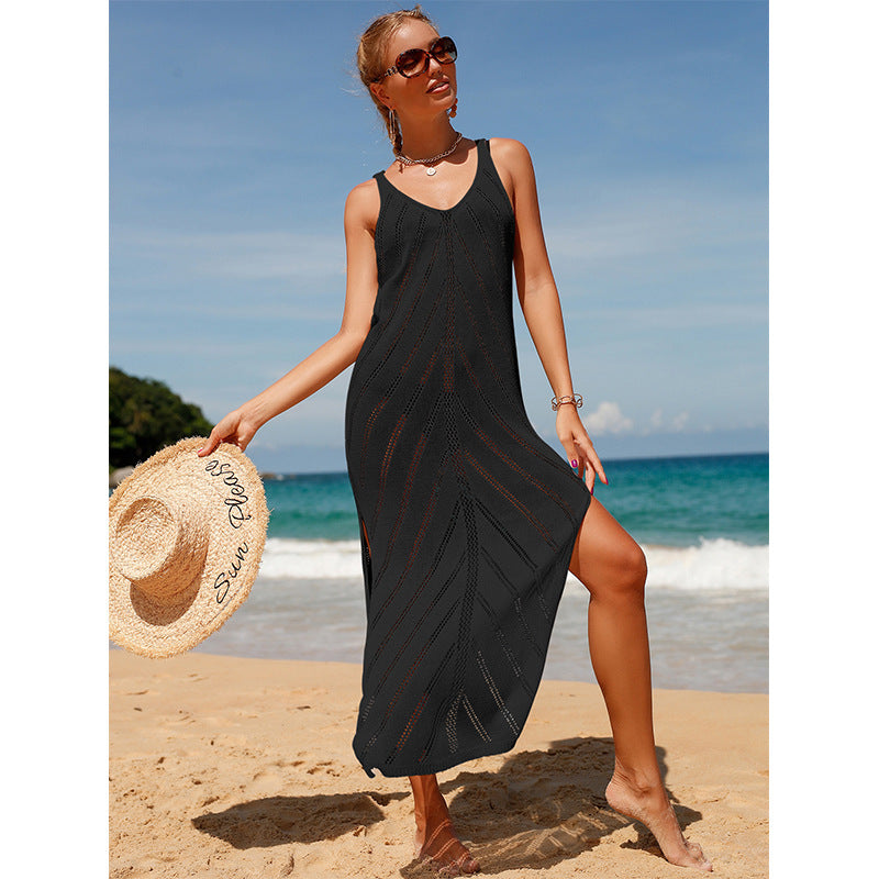 Damen transparentes Häkel-Strandkleid mit hohem Schlitz und stylischem Schnitt R&B