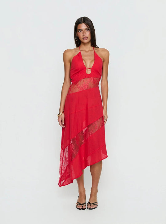 Damen Halterkleid mit transparenten Einsätzen und asymmetrischem Saum R&B
