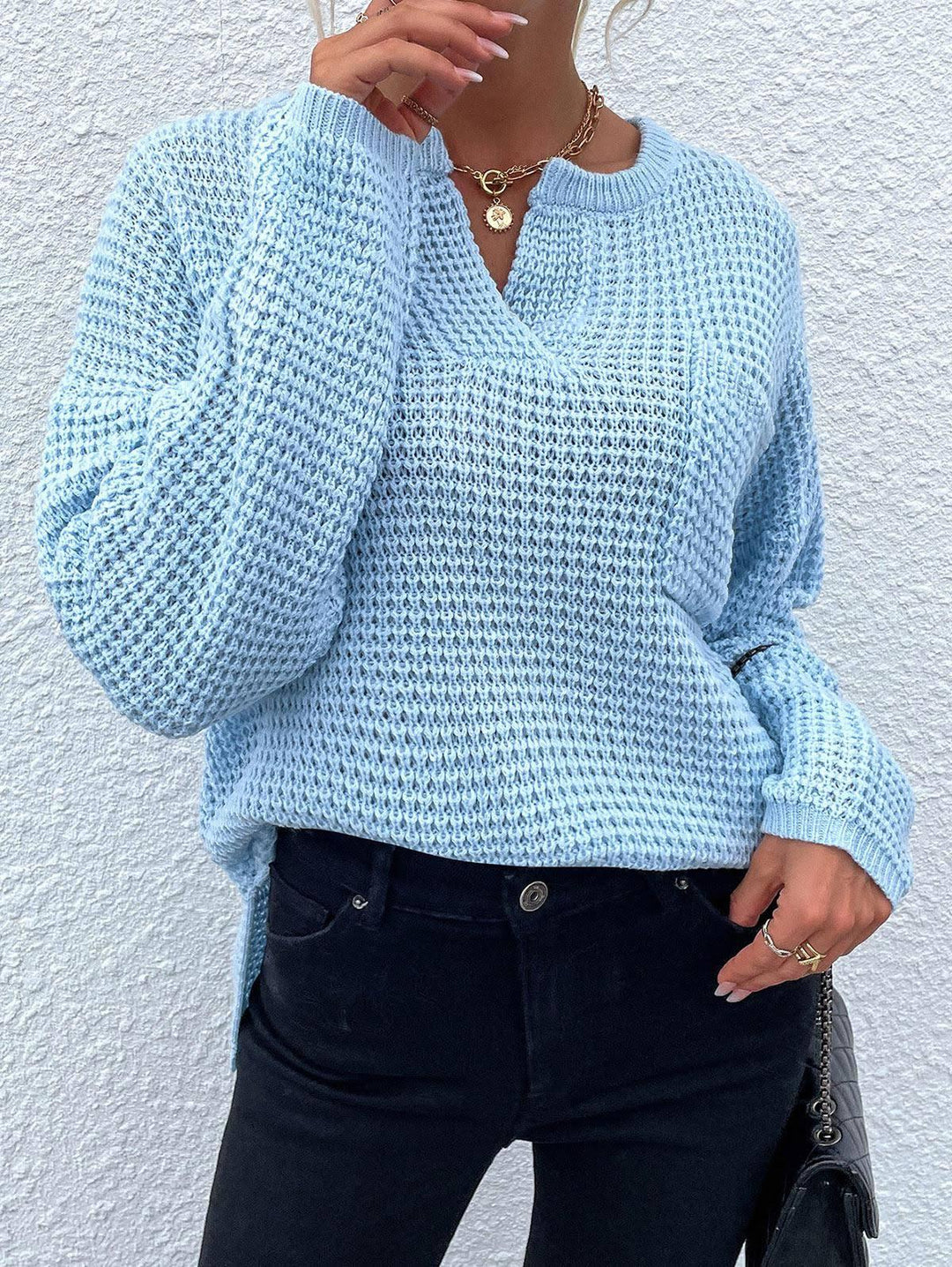 Damen lässiger Strickpullover mit V-Ausschnitt und enganliegendem Bund R&B