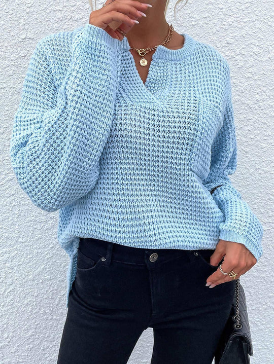 Damen lässiger Strickpullover mit V-Ausschnitt und strukturierter Oberfläche R&B