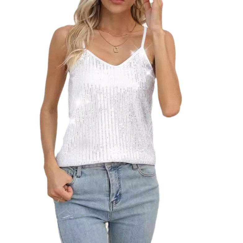 Damen Glitzerndes Spaghettiträger-Top mit V-Ausschnitt R&B