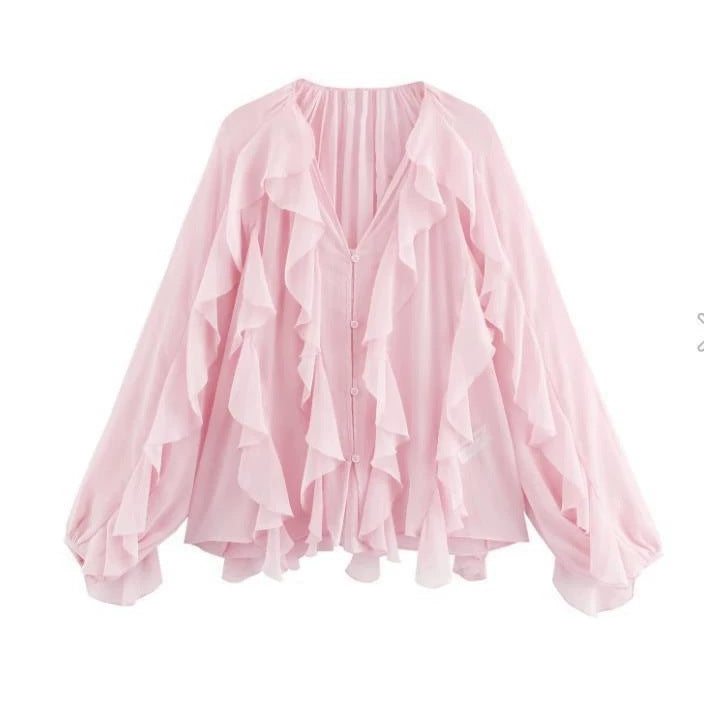 Damen Rüschenbluse mit weitem Schnitt und ballonartigen Ärmeln R&B