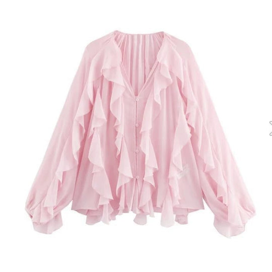 Damen Rüschenbluse mit weitem Schnitt und ballonartigen Ärmeln R&B