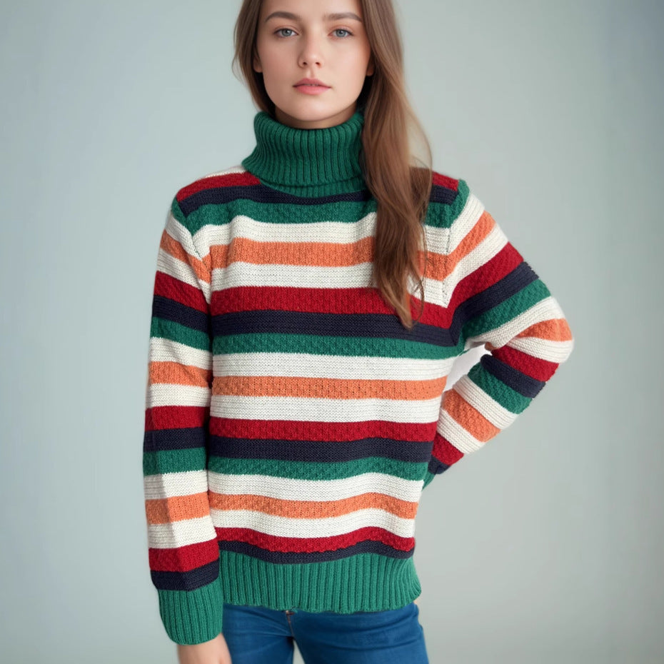 Damen Rollkragenpullover mit farbenfrohen Streifen und hochwertiger Strickqualität R&B