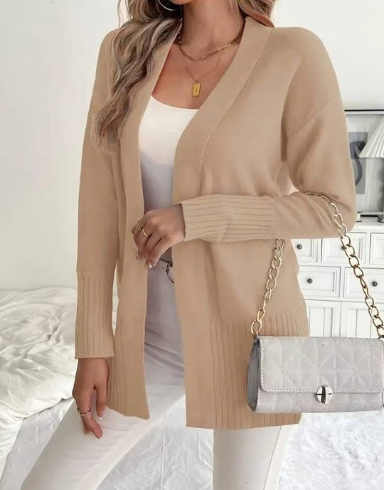 Damen Langer Strickcardigan mit feinen Rippdetails und lässigem Schnitt R&B