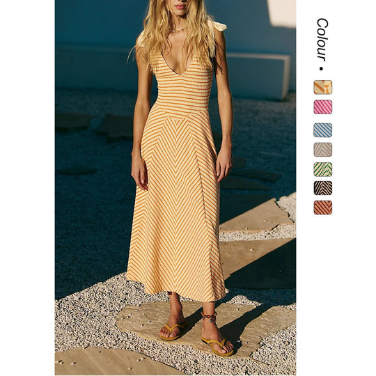 Damen Maxi-Sommerkleid mit verspielten Trägern und elegantem V-Ausschnitt R&B