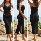 Damen elegantes Strick-Maxikleid mit seitlichen Schlitzen R&B