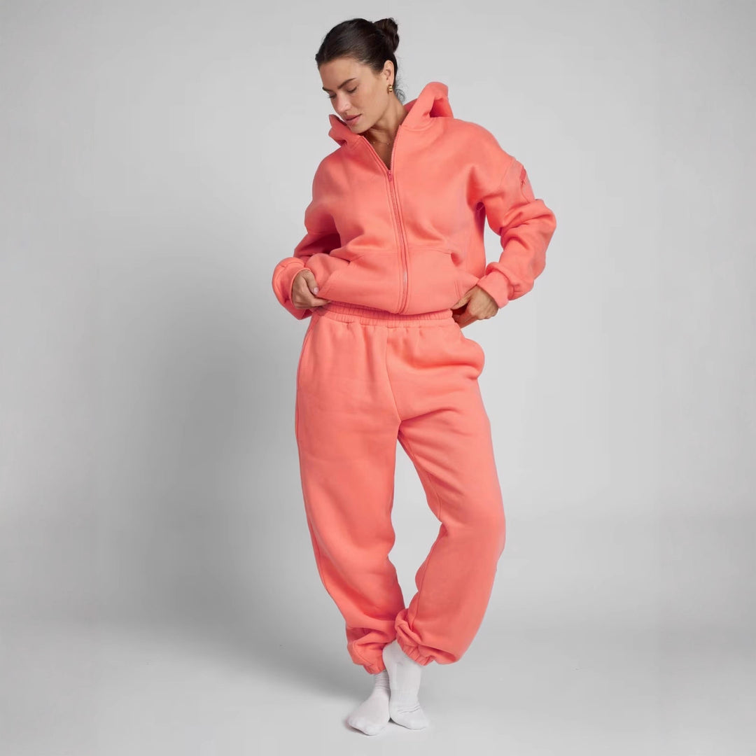 Damen sportlicher Fleece-Jogginganzug mit hochgeschlossenem Reißverschluss und elastischem Bund R&B