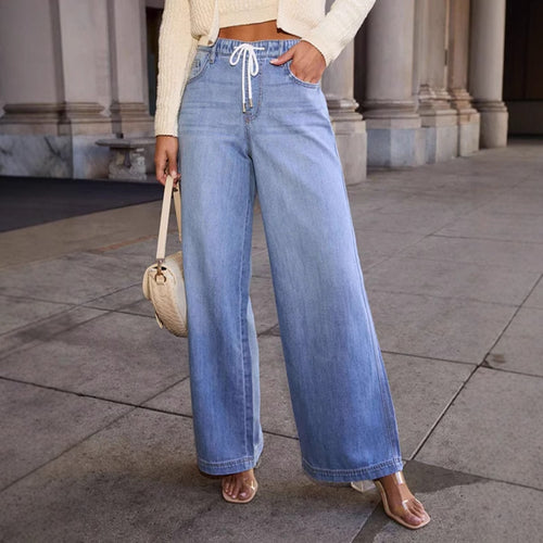 Damen Weit geschnittene Denim-Hosen mit elastischem Bund und modernem Kordelzug R&B