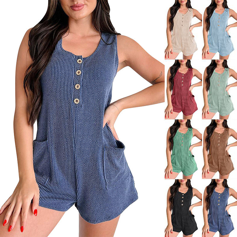 Damen Jumpsuit mit strukturiertem Muster und dekorativen Knöpfen R&B