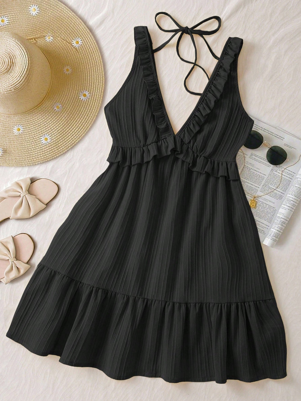 Damen luftiges Sommerkleid mit Volantdetails und verstellbarem Rückenschnürung R&B