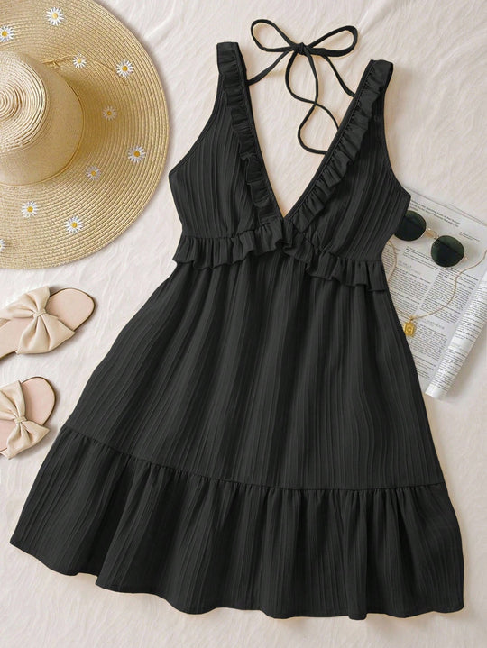 Damen luftiges Sommerkleid mit Volantdetails und verstellbarem Rückenschnürung R&B