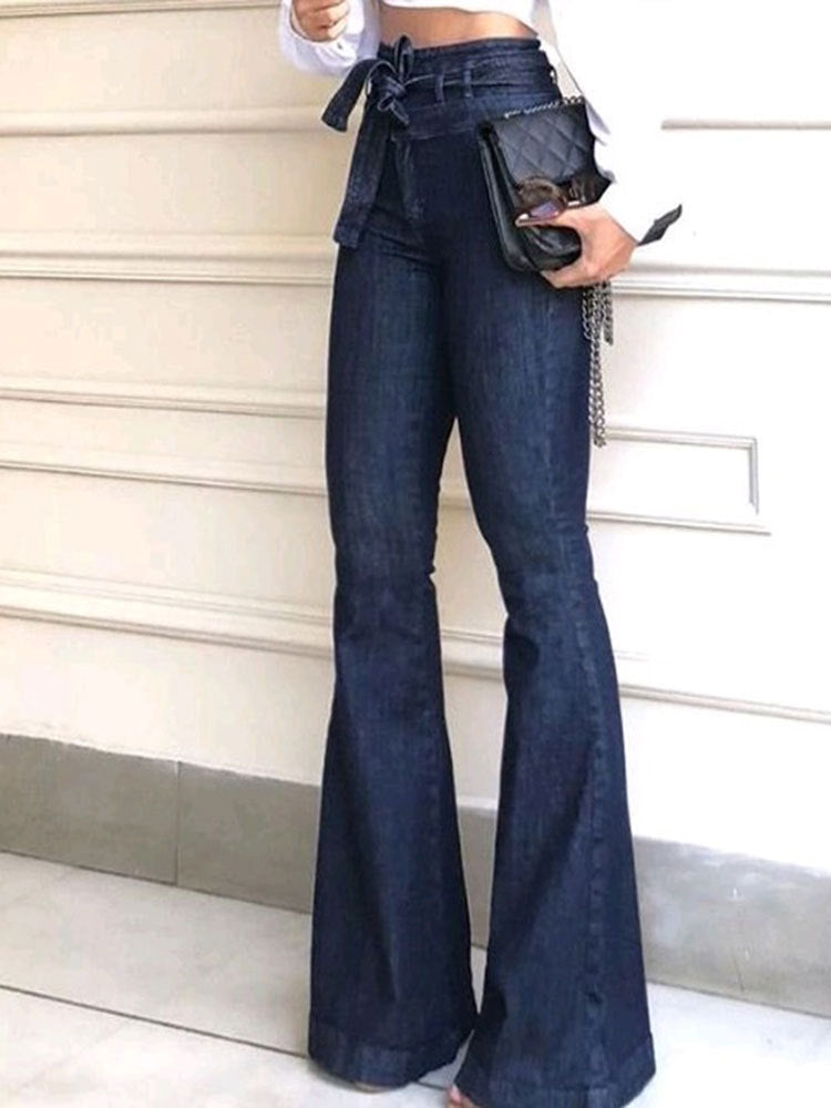 Damen elegante Bootcut-Jeans mit hohem Bund und Gürtel R&B