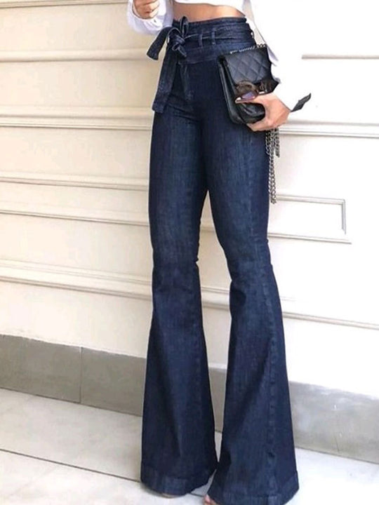 Damen elegante Bootcut-Jeans mit hohem Bund und Gürtel R&B