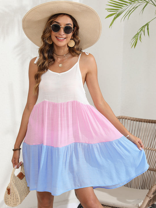 Damen luftiges Sommerkleid mit tiefem V-Ausschnitt und fröhlichem Farbverlauf R&B