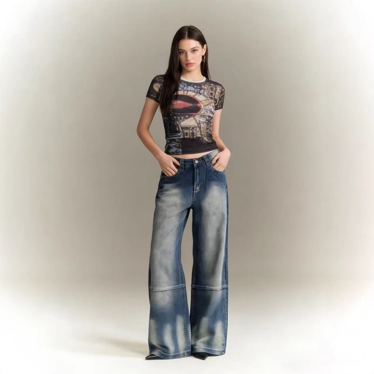 Damen Weite Bootcut Jeans mit hohem Bund