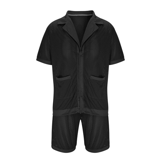 Damen Luftiges Netz-Pyjama-Set mit praktischen Taschen und Knopfleiste R&B