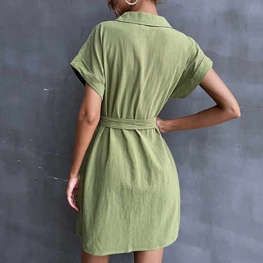 Damen Hemdblusenkleid mit Taillengürtel und Kurzarm R&B