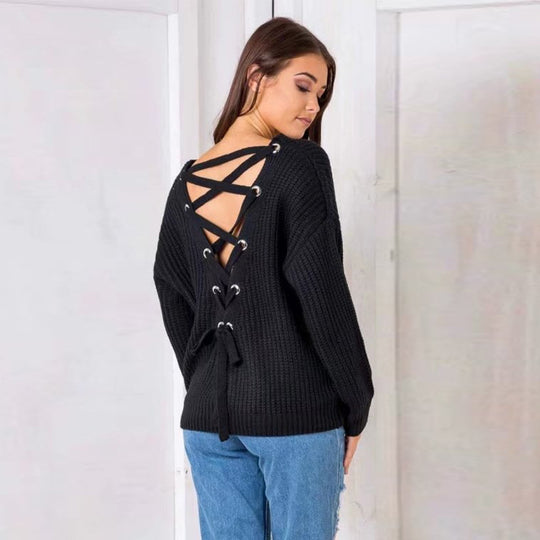 Damen Pullover mit einzigartigem Rückendesign und dekorativem Schnüriemen R&B
