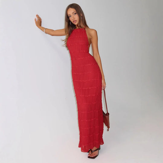 Damen Maxikleid mit schulterfreiem Design und fließenden Rüschen R&B