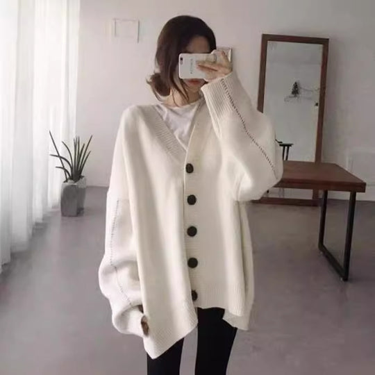 Damen lässige Strickjacke mit übergroßem Schnitt und großen Knöpfen R&B