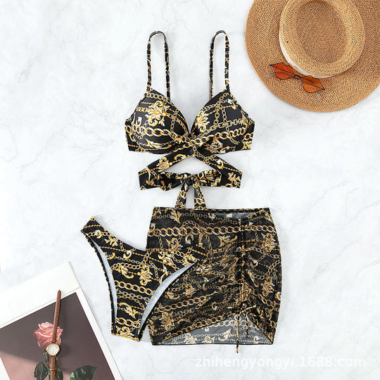 Damen Bikini mit ausgefallenem Kettenmuster und integriertem Rock R&B