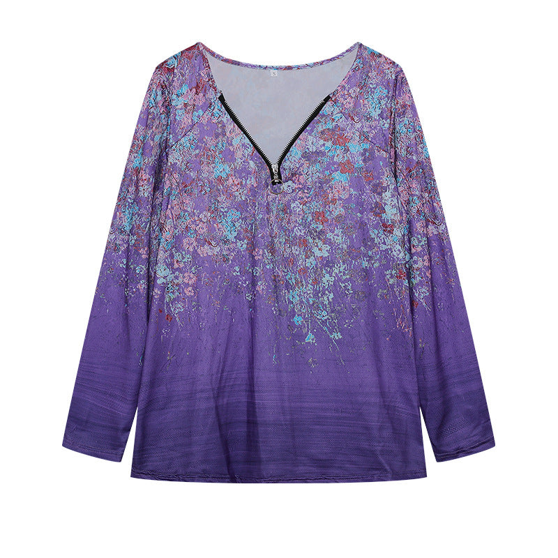 Damen Langarmshirt mit farbenfrohem Blütenmuster und modernem Zipper R&B