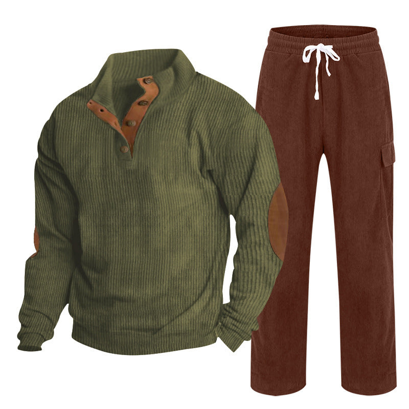 Herren nan Strick-Freizeitset mit Knopfleiste und Ellenbogenaufnähern sowie Cord-Cargohose R&B