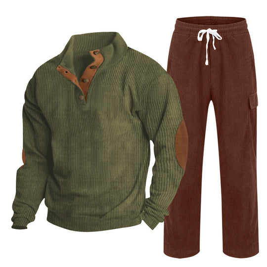 Herren nan Strick-Freizeitset mit Knopfleiste und Ellenbogenaufnähern sowie Cord-Cargohose R&B