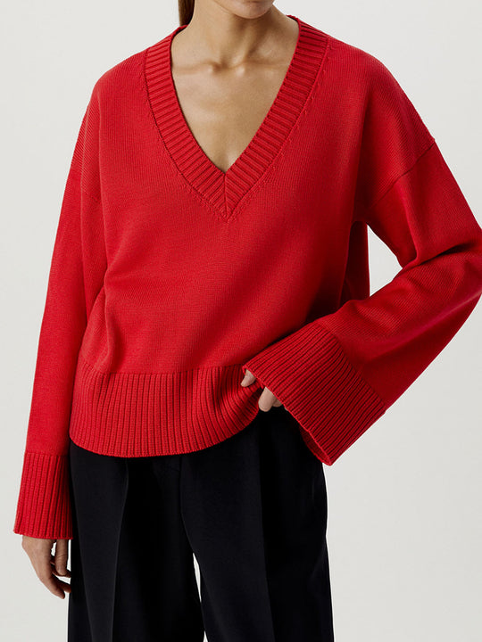 Damen Strickpullover mit tiefem V-Ausschnitt und lässigem Schnitt R&B