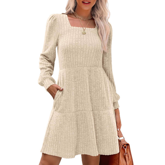 Damen Strickkleid mit modischem Quadrat-Ausschnitt und fließendem Rock R&B