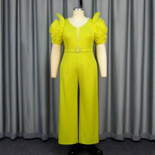 Damen eleganter Jumpsuit mit voluminösen Puffärmeln und Perlenakzent R&B