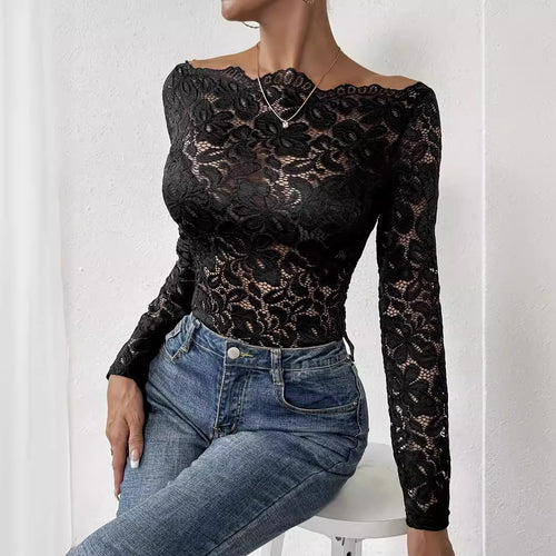 Damen nan figurbetontes Spitzenoberteil mit Carmenausschnitt und langarm R&B