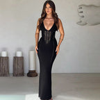 Damen Elegantes Strick-Maxikleid mit tailliertem Schnitt und tiefem V-Ausschnitt R&B