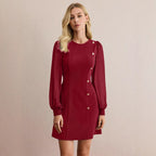 Damen elegantes Minikleid mit Puffärmeln und dekorativen Knopfdetails R&B