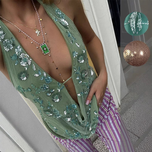 Damen Glitzerndes Spaghetti-Trägeroberteil mit floralen Applikationen und tiefem Ausschnitt R&B