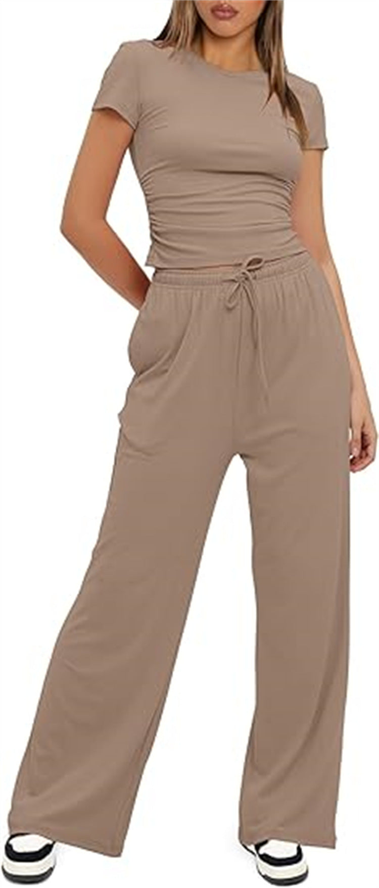 Damen lässiger Zweiteiler mit cropped Oberteil und weitem Beinkleid R&B