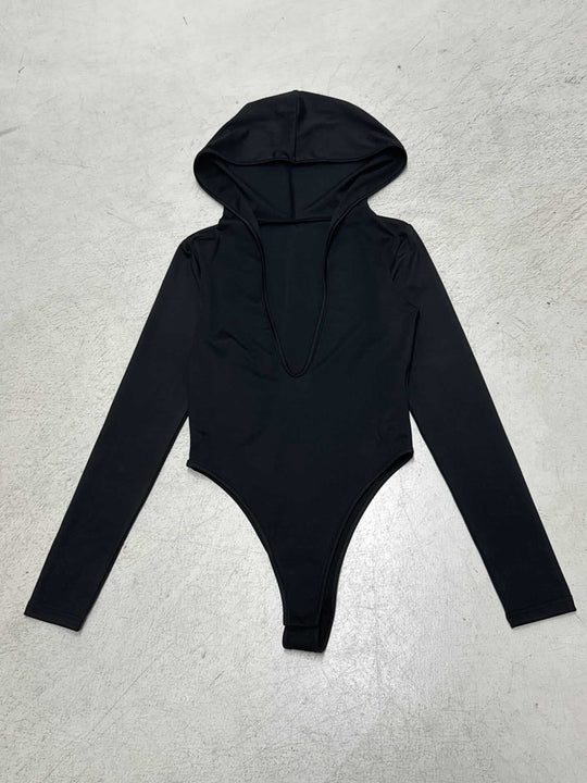 Damen langärmliger Body mit Kapuze und tiefem V-Ausschnitt R&B