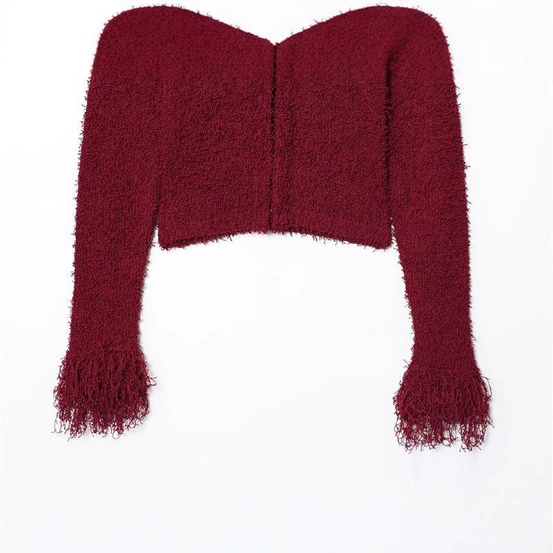 Damen modischer Strickjacke mit fransenärmel und hohem Kragen R&B