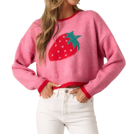 Damen trendiger Pullover mit Erdbeer-Motiv und Kontrastbündchen R&B