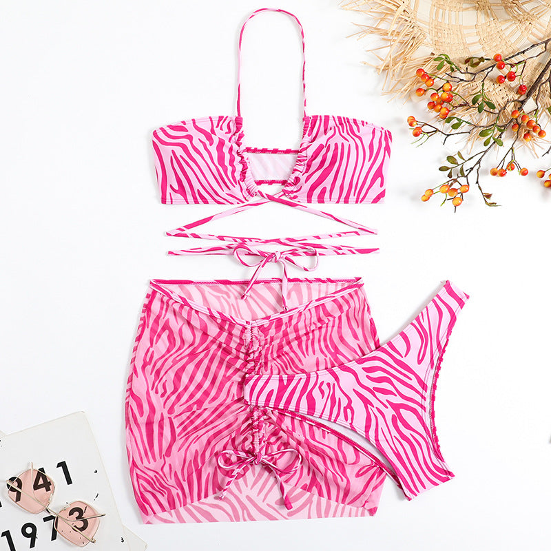 Damen Triangel-Bikini-Set mit transparentem Wickelrock und animalischem Muster R&B